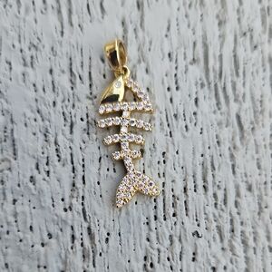 Gold Fishbone Pendant with Rhinestones